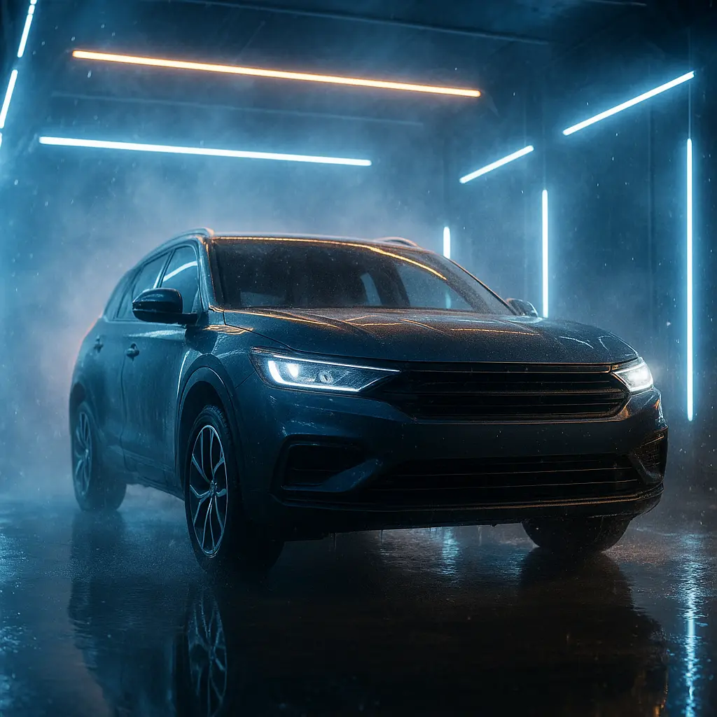 Glänzendes Fahrzeug verlässt die moderne AmperWish Waschanlage