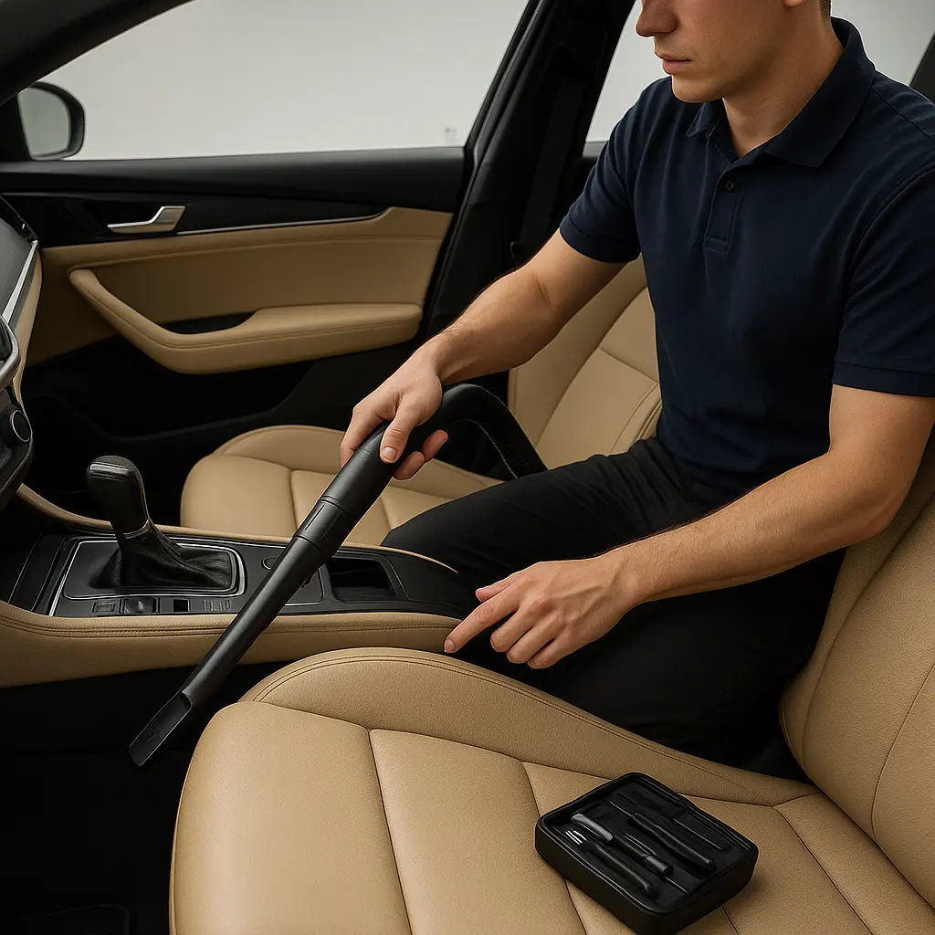 Detailer reinigt den Innenraum eines Fahrzeugs